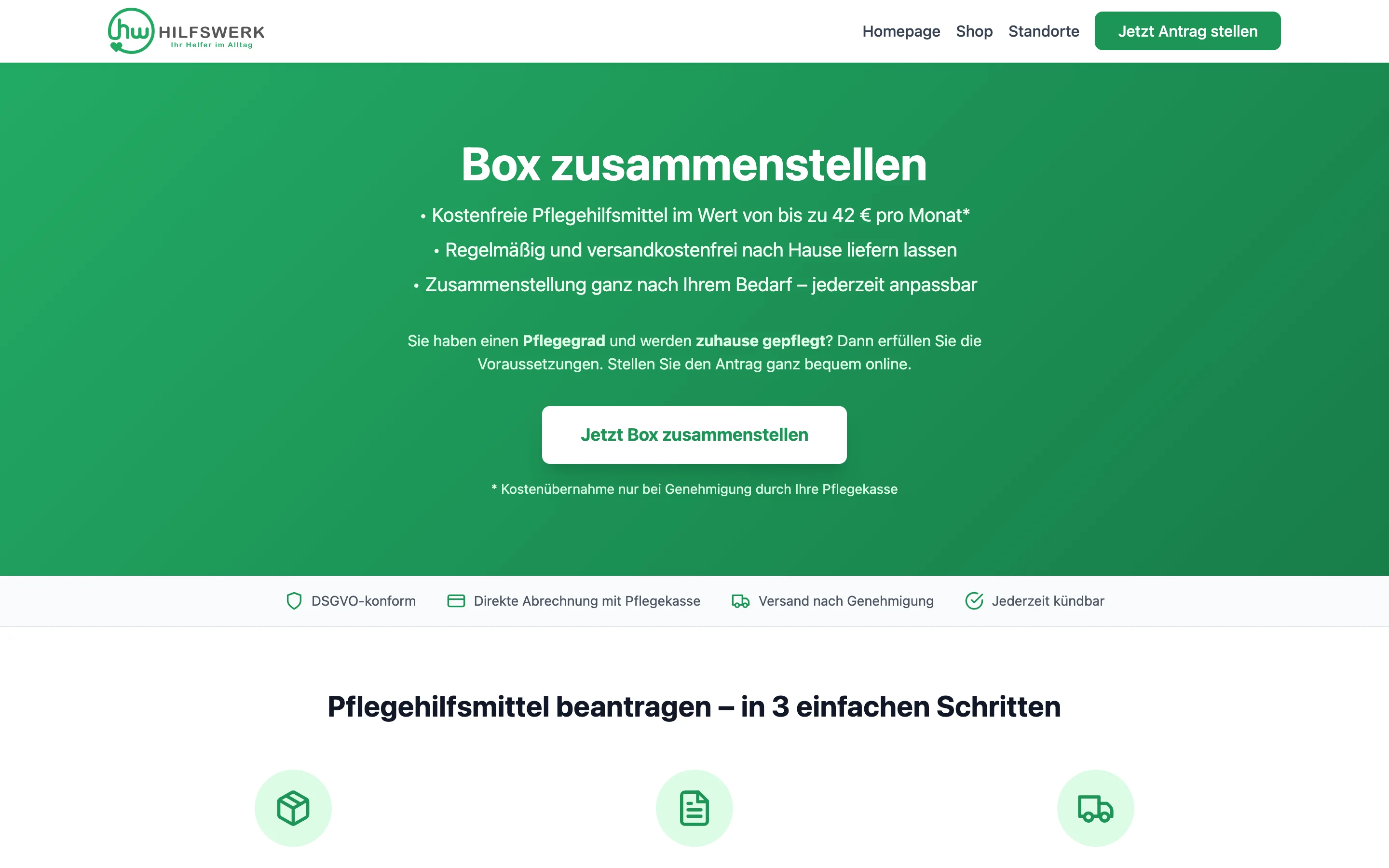 Hilfswerk Pflegebox, Pflege